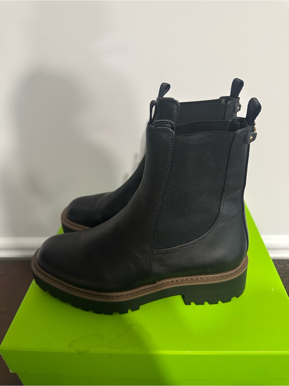 Sam Edelman Black Chelsea Lug Boots with Brown Welt